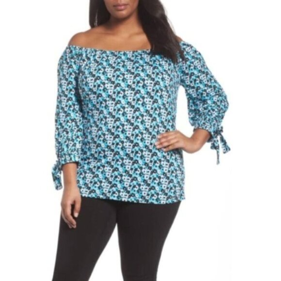 Michael Kors Womens Blue White Floral Off the Shoulder Top Plus Sz 0X New - Picture 1 of 12